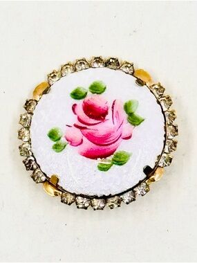 Vintage Gold Tone Hand-Painted Pink Rose Porcelain Brooch W/Clear Crystal Halo